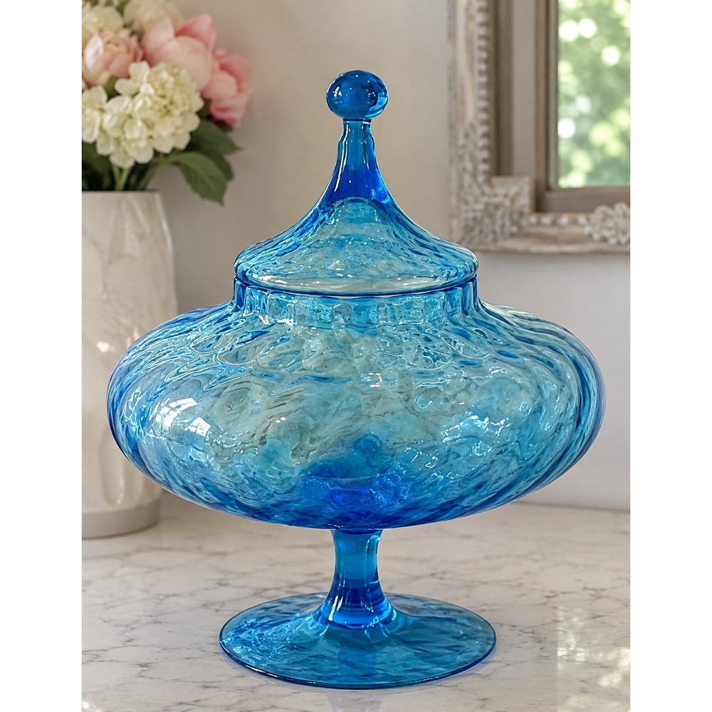EMPOLI ITALIAN GLASS AQUA BLUE CANDY PEDESTAL DISH LIDDED JAR